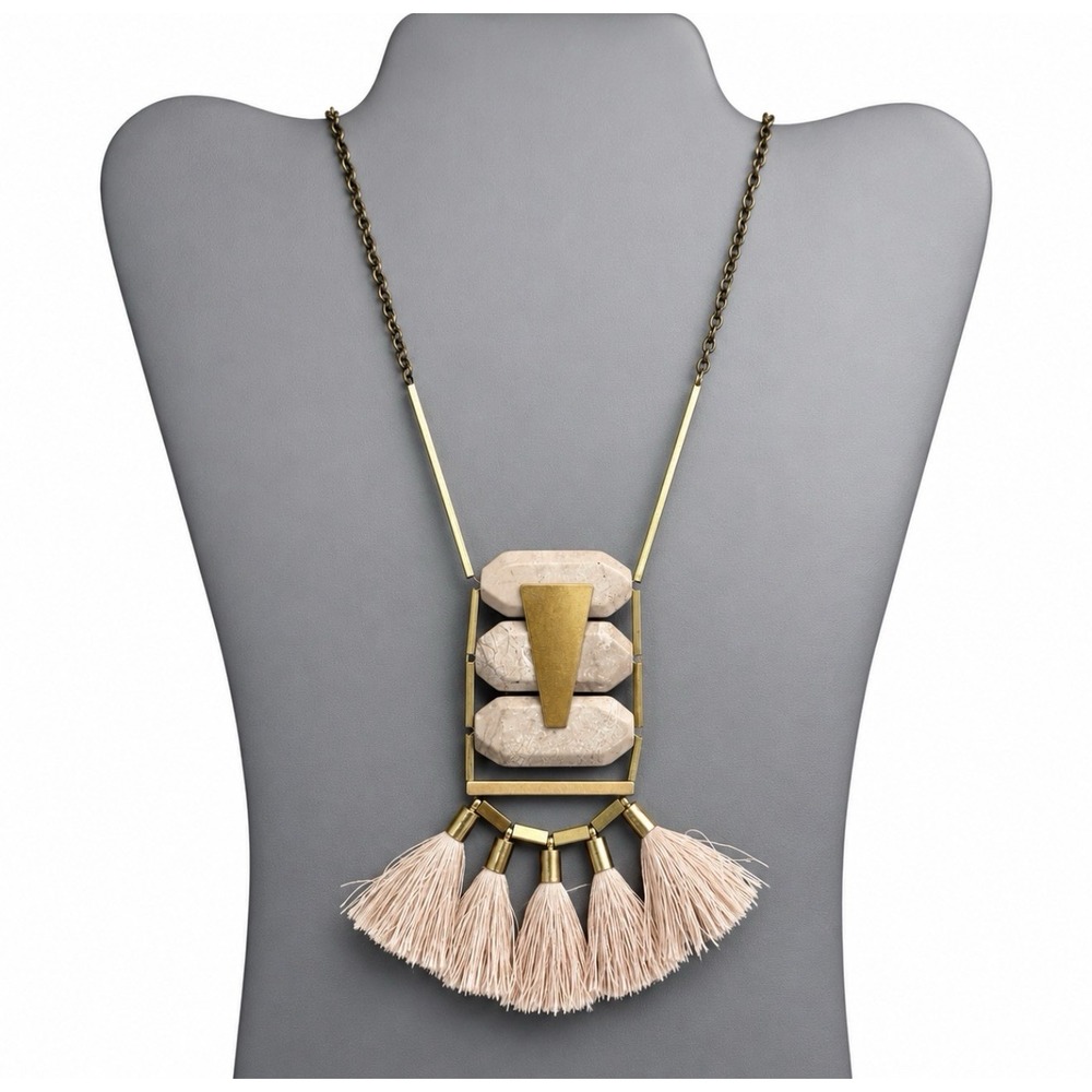 David Aubrey Geometric Brass & Stone Necklace Pink Tassel Modernist Statement